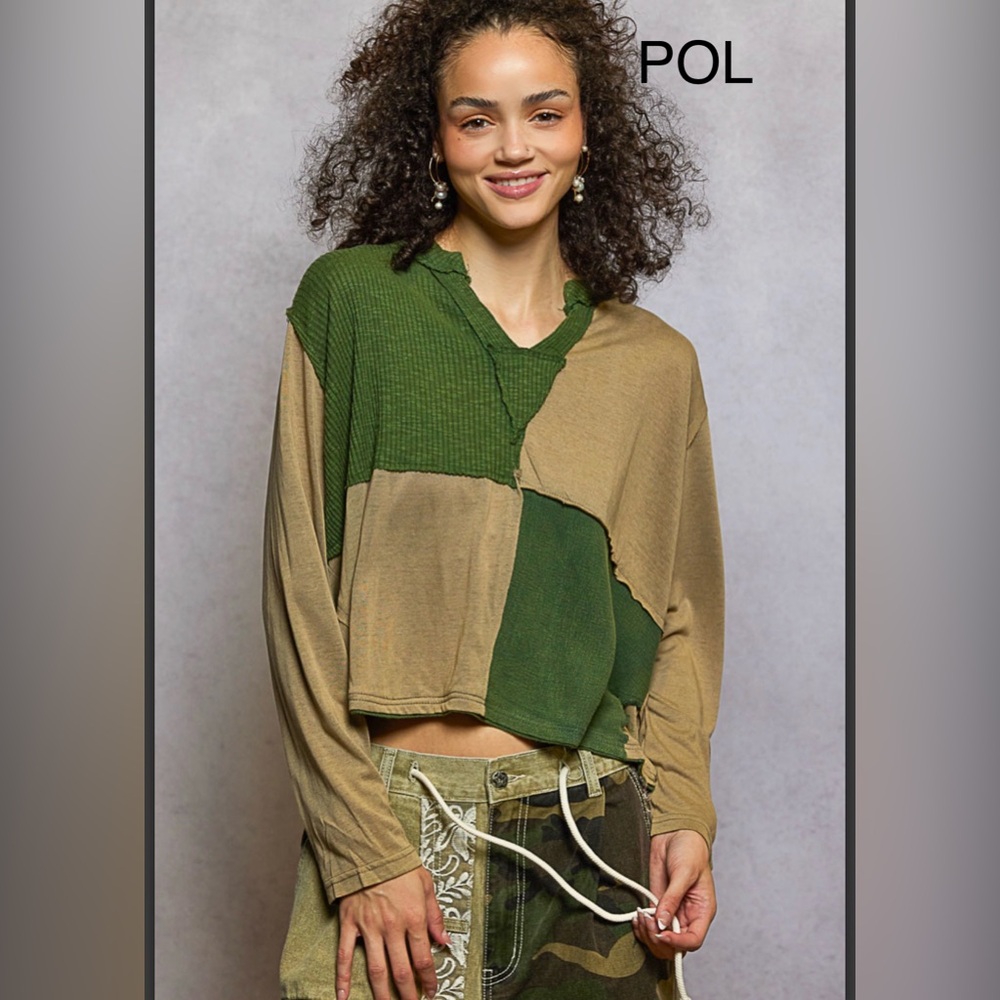 BP220-2💚🤎POL fierce Patchwork Top in green+tan color block neutrals-soft!